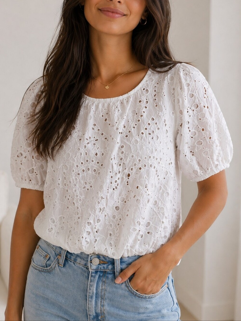 White Eyelet Puff-Sleeve Top